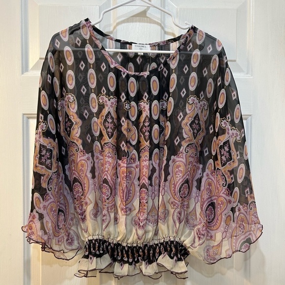 Women's Sheer Silk Blouse Cape Sleeve Medallion Paisley Print Sz M (DESIGNER???) - Picture 1 of 8